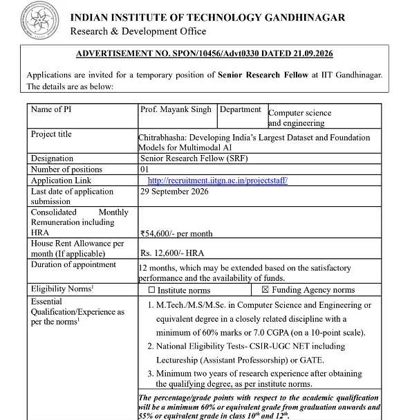 Senior Research Fellow (SRF) Recruitment 2026 at IIT Gandhinagar – Multimodal AI & Foundation Models Research Project