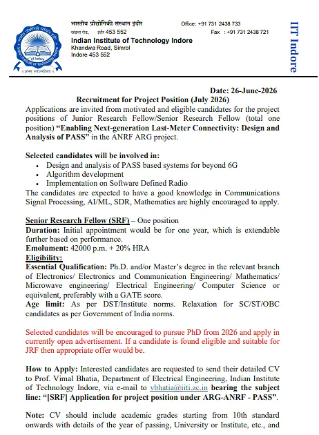 IIT Indore Recruitment 2026 | JRF/SRF Position under ANRF ARG Project