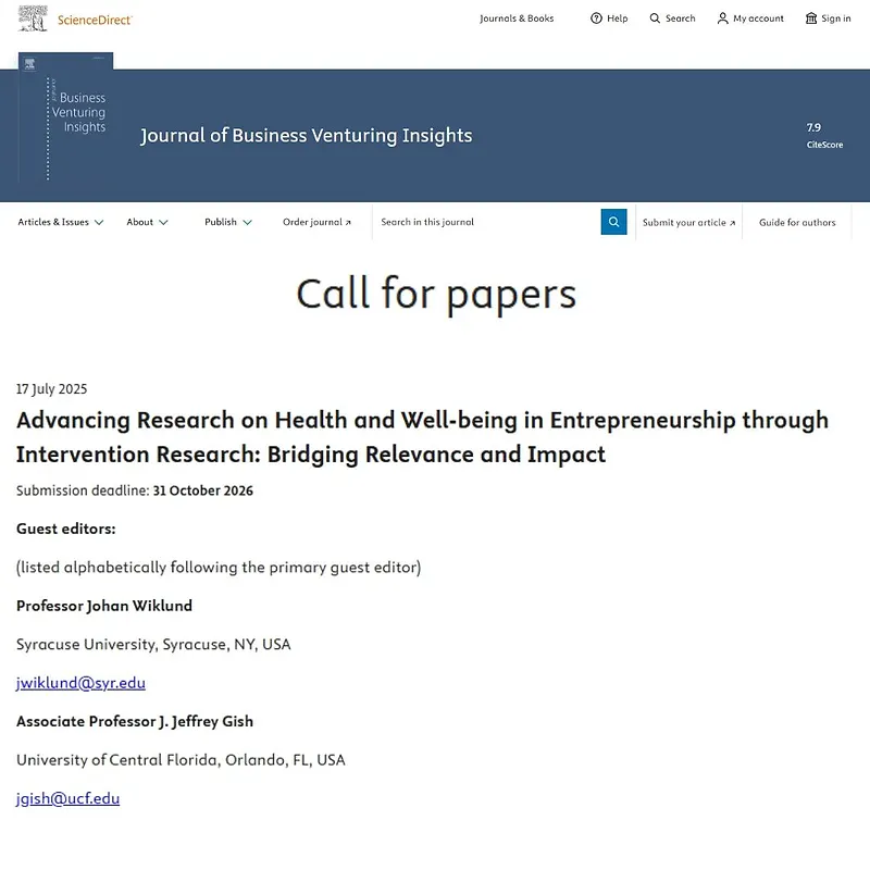 “Advancing Research on Health and Well-being in Entrepreneurship through Intervention Research: Bridging Relevance and Impact”