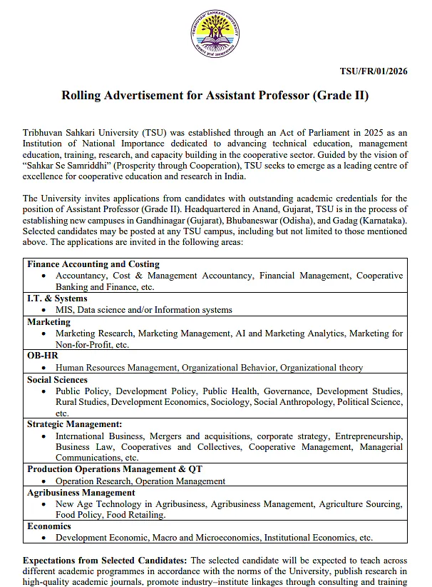 Assistant Professor (Grade II) Recruitment 2026 at Tribhuvan Sahkari University (TSU