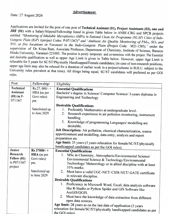 Technical Assistant, Project Assistant & JRF Recruitment 2026 at BHU – ANRF-CRG & Air Quality Research Projects