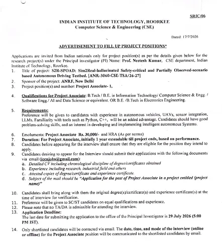 IIT Roorkee Project Associate-I Recruitment 2026