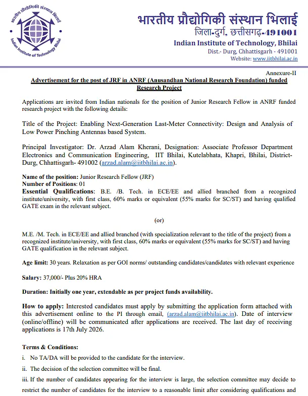 IIT Bhilai Invites Applications for Junior Research Fellow (JRF) Under ANRF-Funded Project