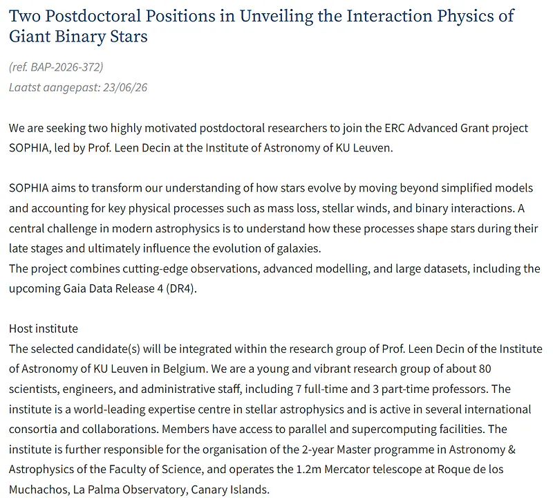 Two Postdoctoral Positions in Astrophysics at KU Leuven, Belgium