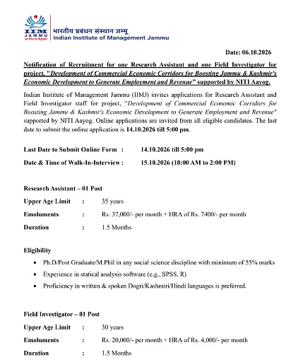 Research Assistant and Field Investigator Recruitment 2026 at IIM Jammu – Apply Online