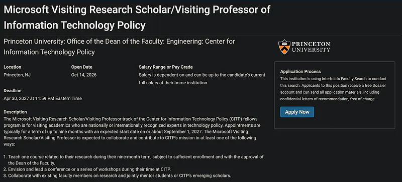 Academic Opportunity: Microsoft Visiting Research Scholar/Visiting Professor of Information Technology Policy – Princeton University