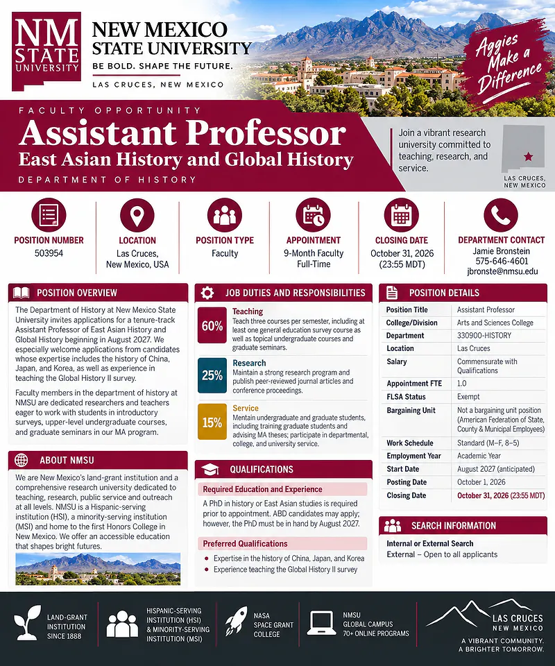 Assistant Professor of East Asian History and Global History – New Mexico State University