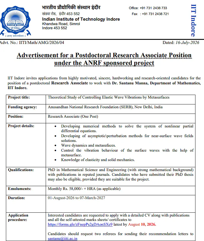 IIT Indore Postdoctoral Research Associate Recruitment 2026
