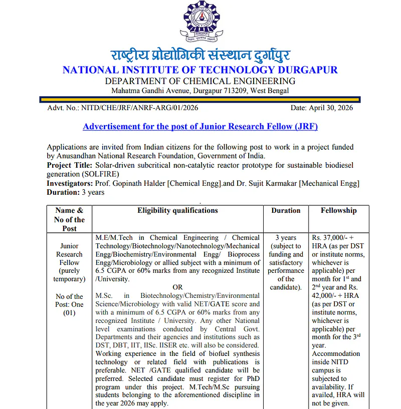 JRF Recruitment 2026 at NIT Durgapur 
