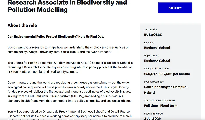 Research Associate in Biodiversity and Pollution Modelling | Imperial College London Recruitment 2026