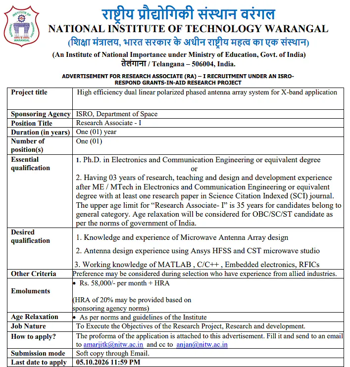 Research Associate-I (RA-I) Recruitment 2026 at NIT Warangal – ISRO RESPOND Research Project