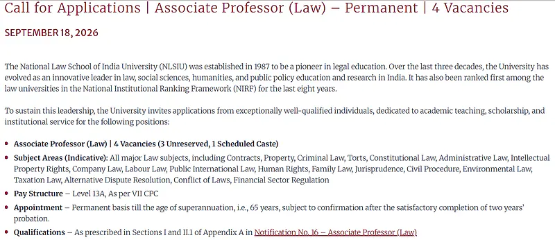 Associate Professor (Law) Recruitment 2026 at NLSIU – 4 Permanent Faculty Positions