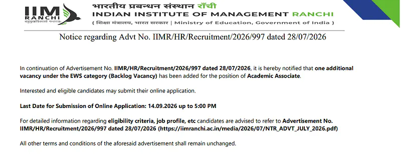 Academic Associate Recruitment 2026 | IIM Ranchi