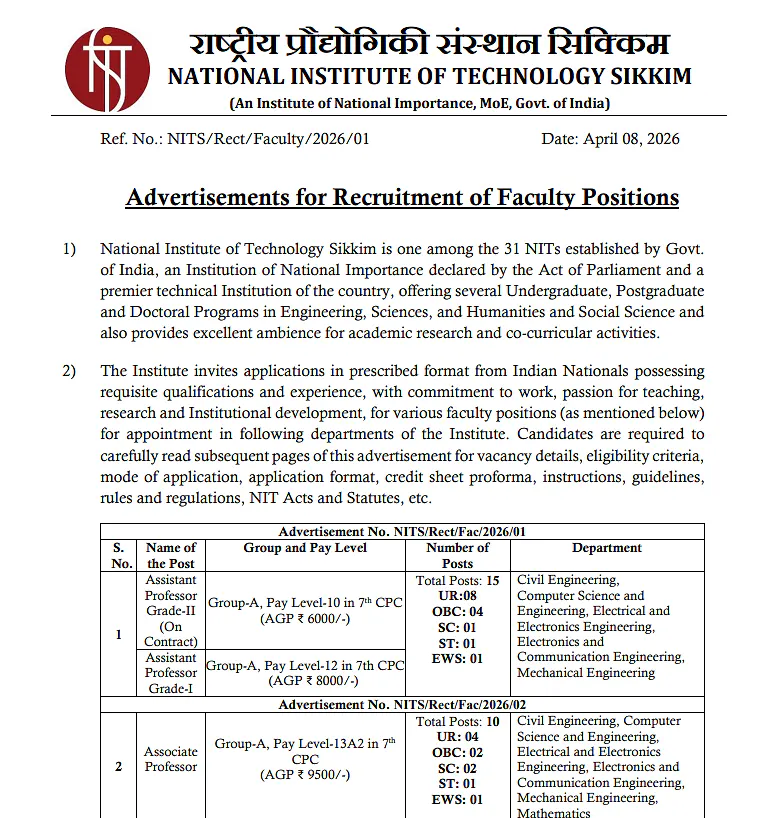 NIT Sikkim Recruitment 2026  - Faculty Positions Notification (Assistant Professor & Associate Professor)