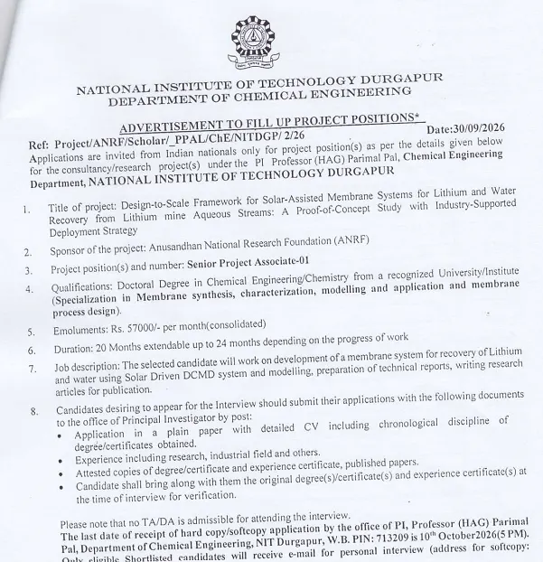 Senior Project Associate Recruitment 2026 – NIT Durgapur
