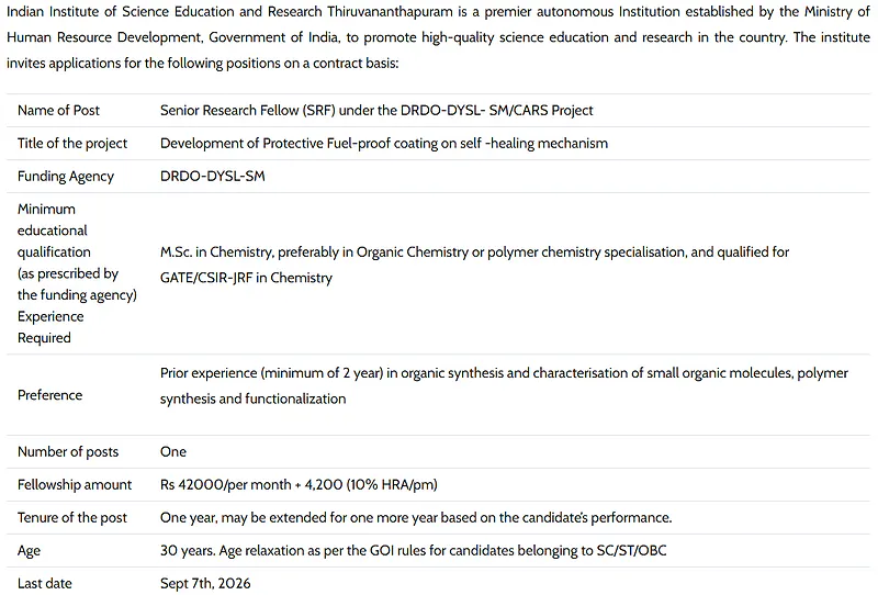 Senior Research Fellow Recruitment 2026 at IISER Thiruvananthapuram – DRDO-DYSL-SM/CARS Project