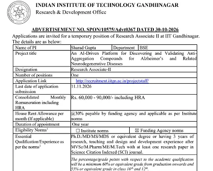 IIT Gandhinagar Research Associate-II Recruitment 2026 – AI-Driven Alzheimer's Research