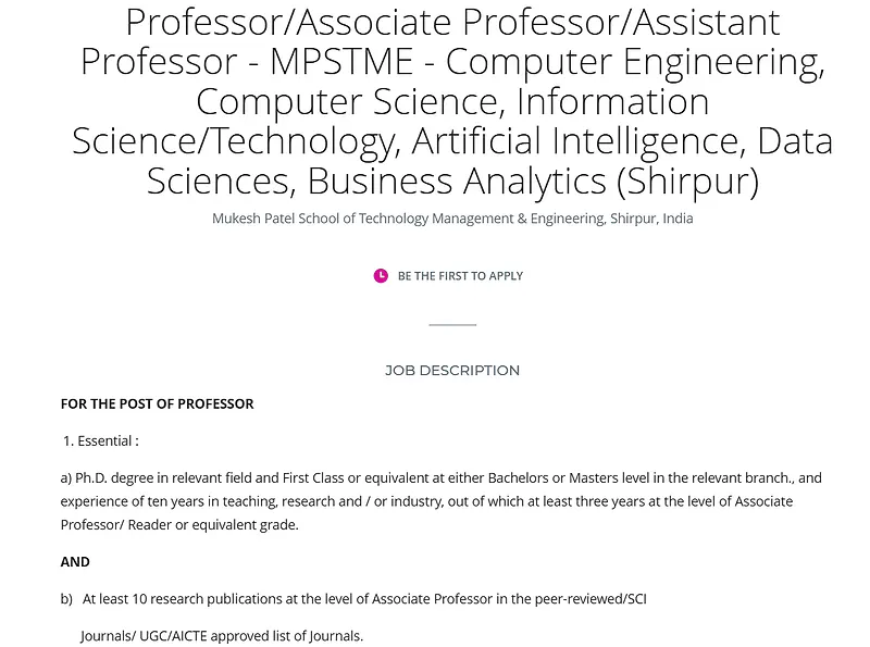 Faculty Recruitment 2026 at NMIMS MPSTME Shirpur – Professor, Associate Professor & Assistant Professor in Computer Science, AI and Data Science