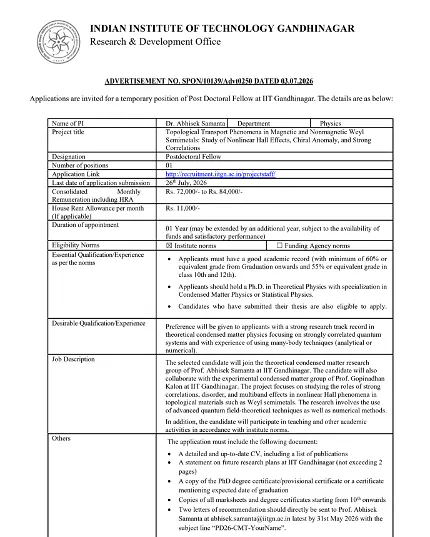 IIT Gandhinagar Post-Doctoral Fellow Recruitment 2026 – Apply for Research Position in Theoretical Physics