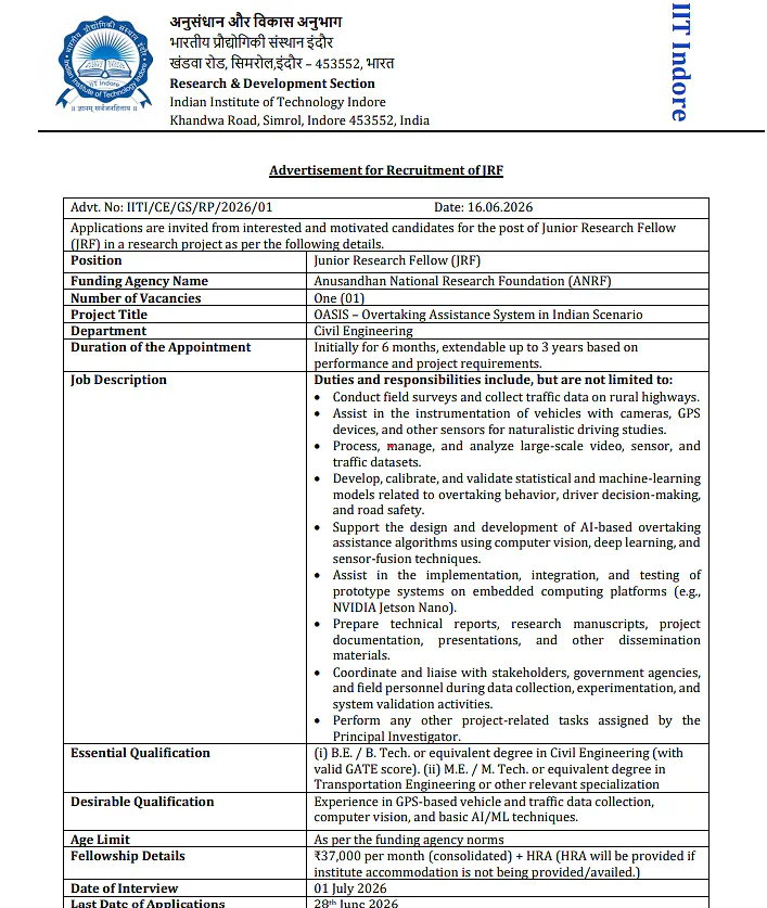 IIT Indore Recruitment 2026: Applications Invited for Junior Research Fellow (JRF) Position Under ANRF-Funded Project