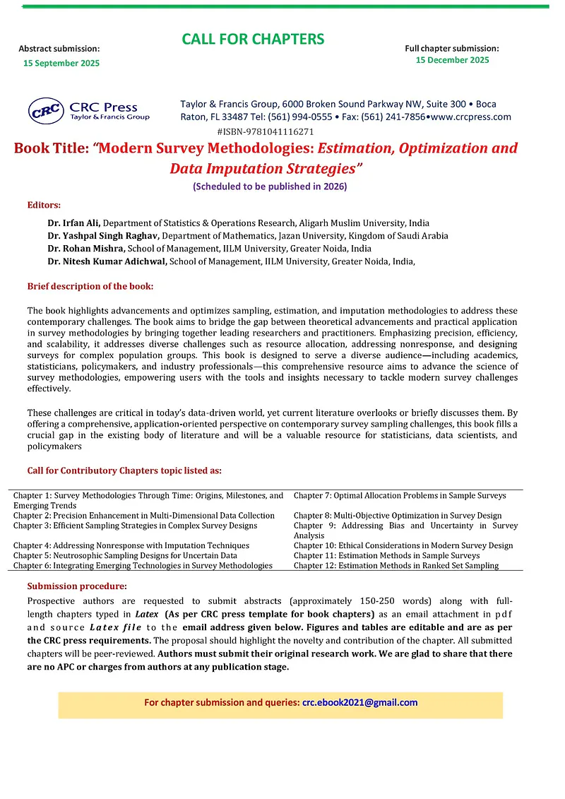 Call for Book Chapters: Taylor & Francis | Title: Modern Survey Methodologies: Estimation, Optimization & Data Imputation Strategies