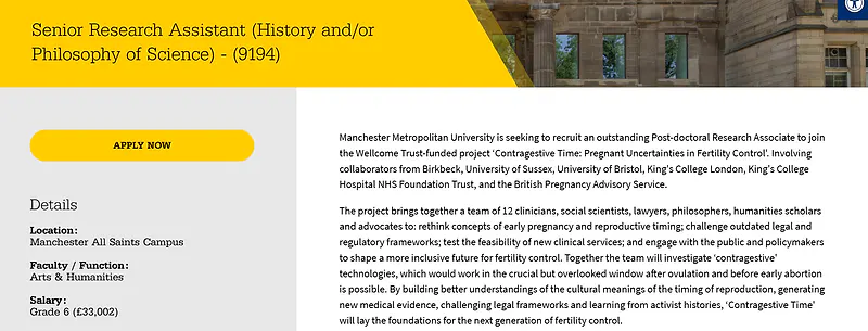 Senior Research Assistant (History and/or Philosophy of Science) – Manchester Metropolitan University