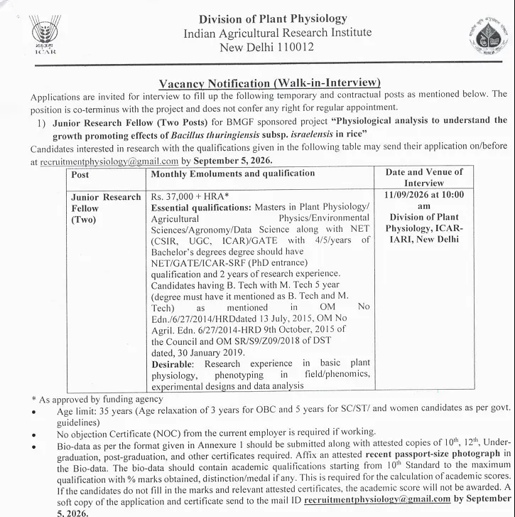 Junior Research Fellow (JRF) Recruitment 2026 at ICAR-IARI – BMGF Sponsored Research Project