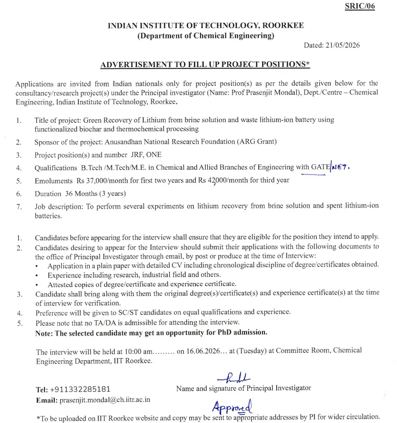 IIT Roorkee Recruitment 2026: JRF Opening