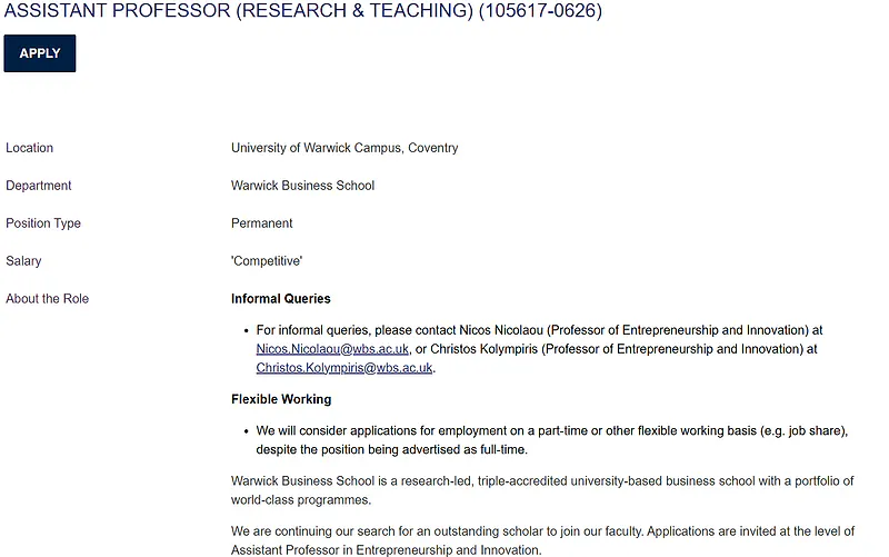 University of Warwick Recruitment 2026: Assistant Professor (Research & Teaching) in Entrepreneurship and Innovation