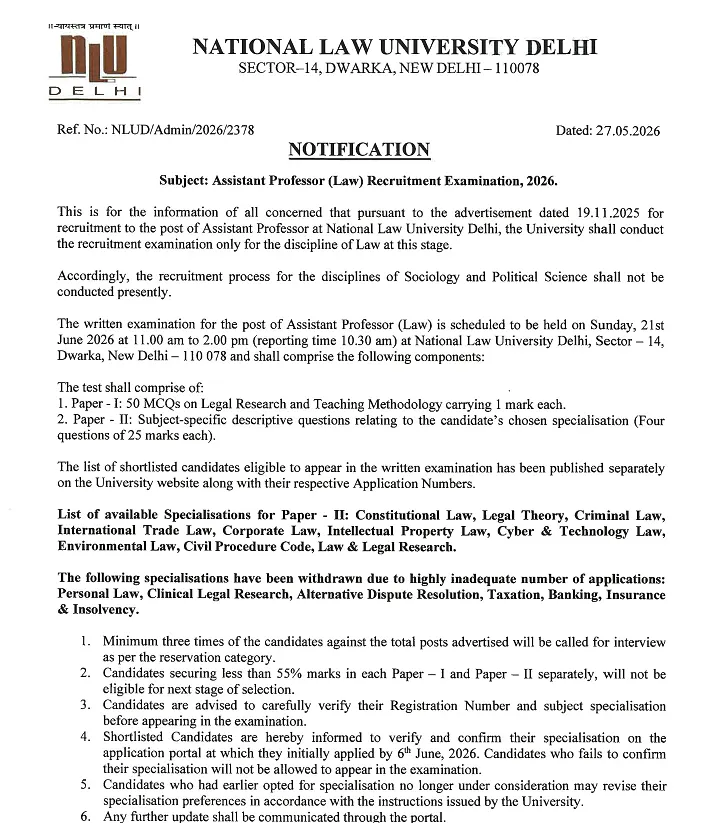  National Law University Delhi Recruitment Examination 2026