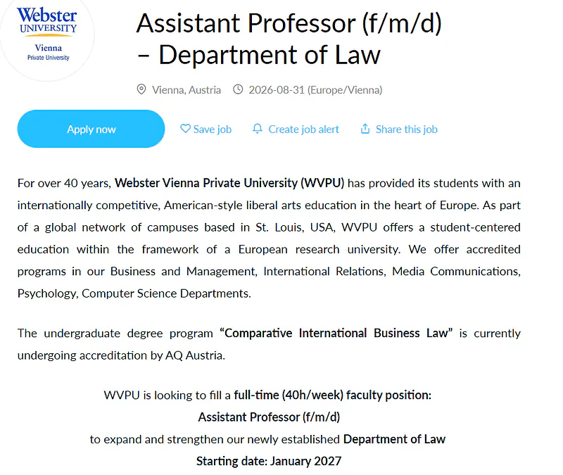 Webster Vienna Private University Hiring Assistant Professor of Law