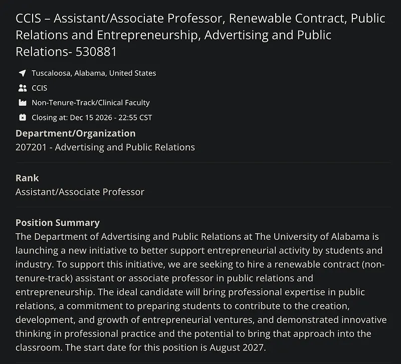 Faculty Opportunity: Assistant/Associate Professor in Public Relations and Entrepreneurship – The University of Alabama