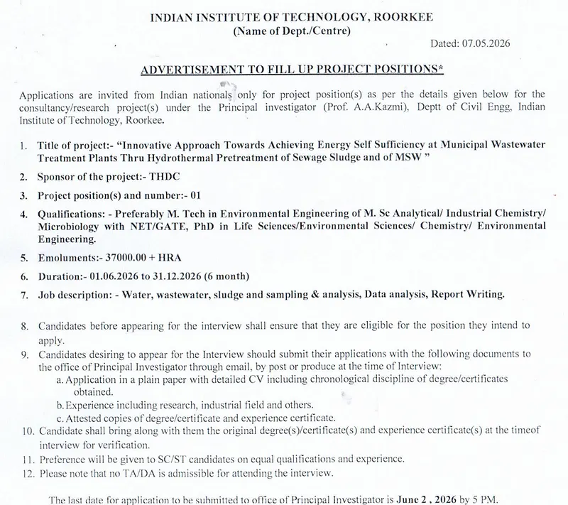 Project Recruitment 2026 – Indian Institute of Technology Roorkee