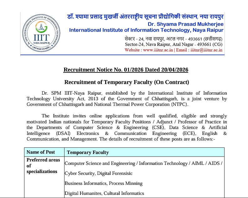 Faculty Recruitment 2026: IIIT Naya Raipur