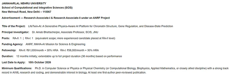 Jawaharlal Nehru University Research Associate-I & II Recruitment 2026 – ANRF MAHA-AI Project