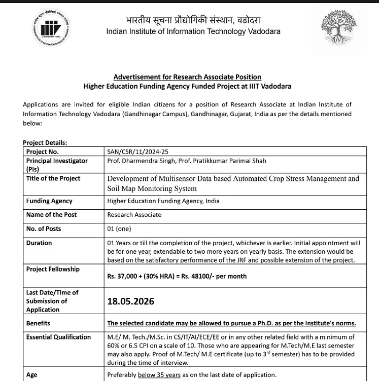 Research Associate Recruitment 2026 – IIIT Vadodara (HEFA Funded Project)