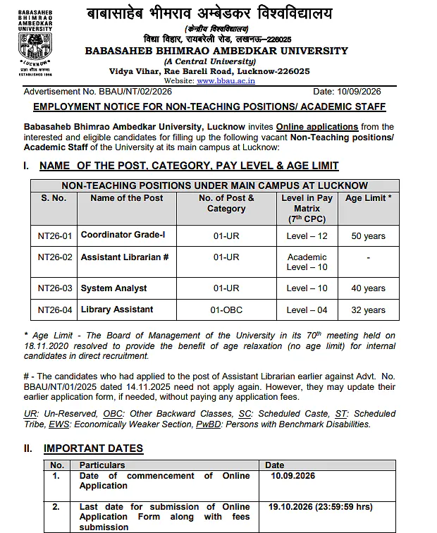 Non-Teaching & Academic Staff Recruitment 2026 at Babasaheb Bhimrao Ambedkar University, Lucknow