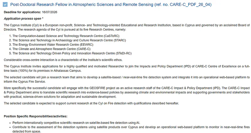 The Cyprus Institute Recruitment 2026: Post-Doctoral Research Fellow in Atmospheric Sciences & Remote Sensing |
