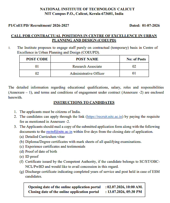 NIT Calicut Invites Applications for Research Associate and Administrative Officer Positions at COEUPD