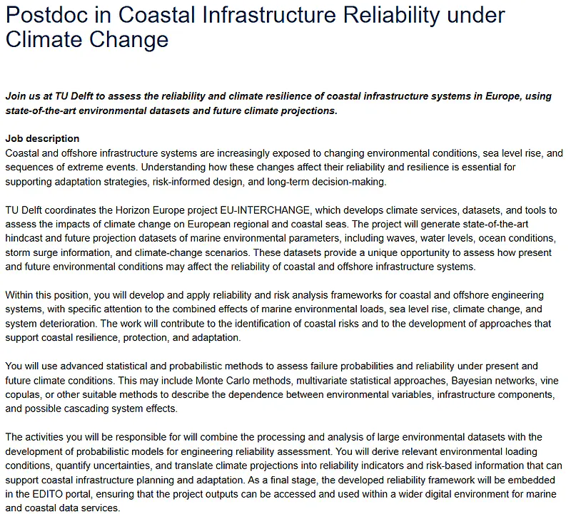 Postdoctoral Opportunity 2026 | Coastal Infrastructure Reliability under Climate Change at TU Delft
