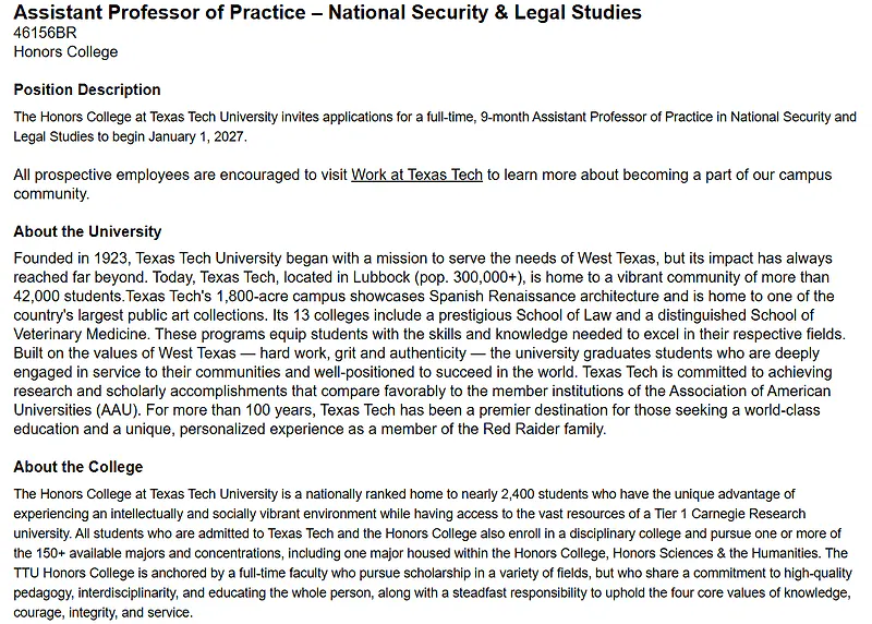 Assistant Professor of Practice – National Security & Legal Studies – Texas Tech University