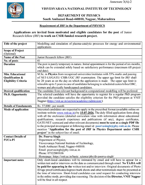 VNIT Nagpur Recruitment 2026: Junior Research Fellow (JRF) | CSIR-Funded Project 