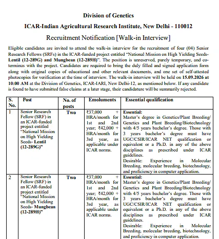  Academic Opportunity: Senior Research Fellow (SRF) – ICAR-Indian Agricultural Research Institute