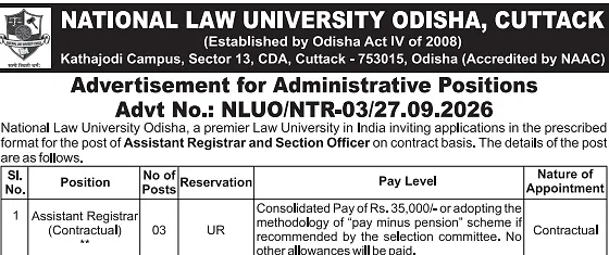 Assistant Registrar Recruitment 2026 – National Law University Odisha, Cuttack