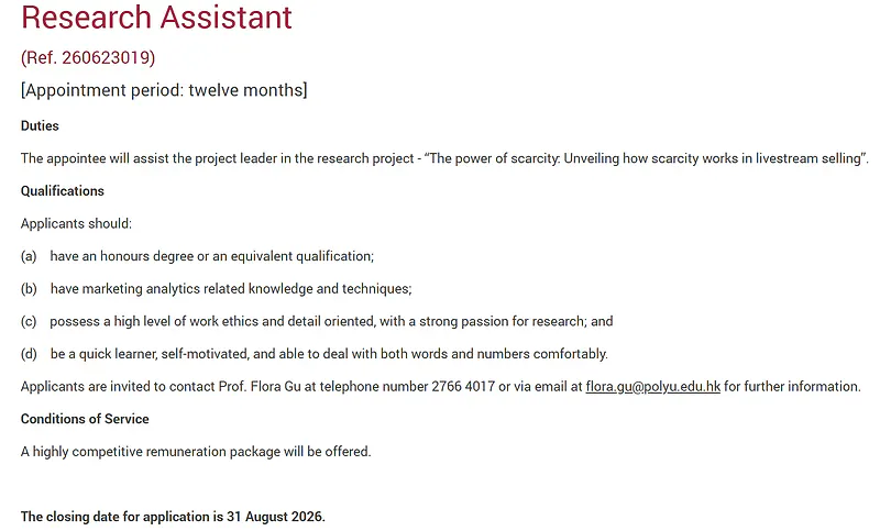Research Assistant Recruitment 2026 at The Hong Kong Polytechnic University