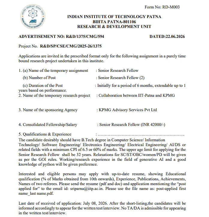 IIT Patna Recruitment 2026 | Senior Research Fellow (SRF) under KPMG Sponsored Project