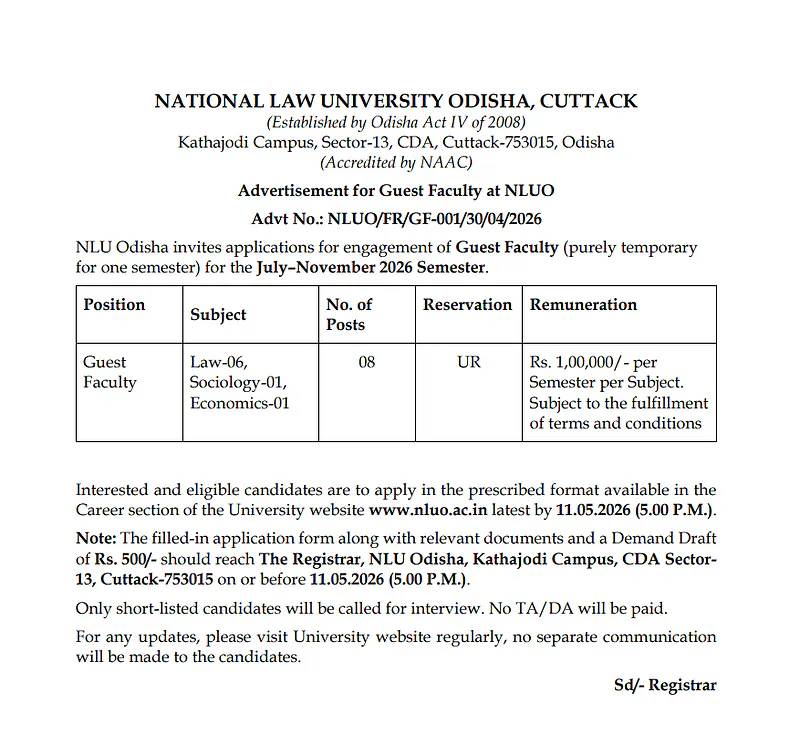 NLU Odisha Recruitment 2026   Guest Faculty Vacancy 