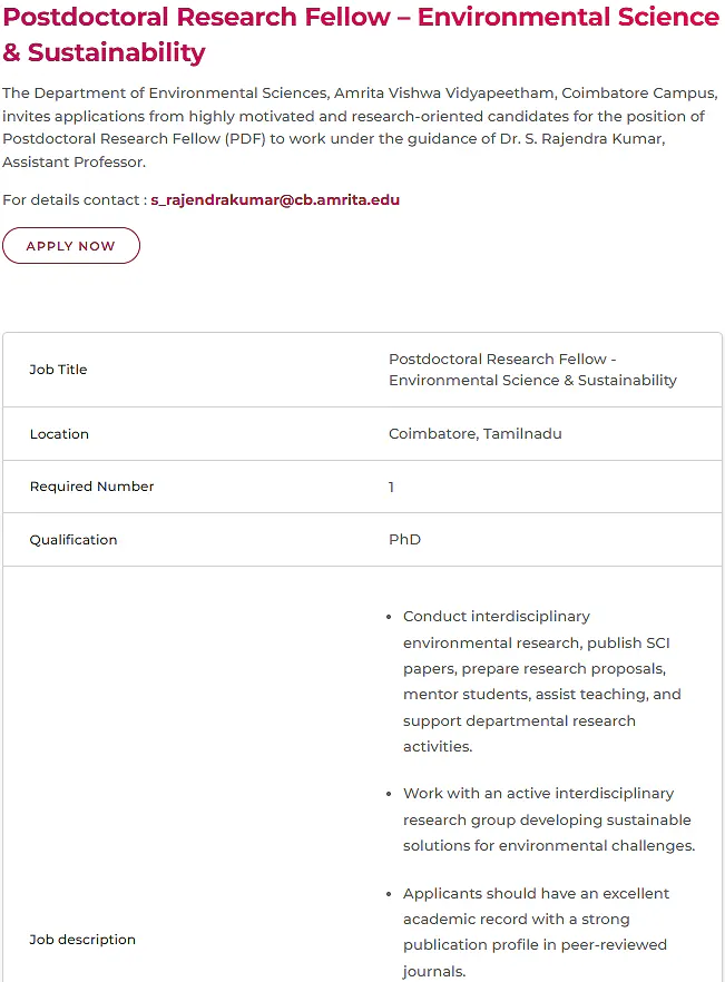 Amrita Vishwa Vidyapeetham Postdoctoral Research Fellow Recruitment in Environmental Science & Sustainability