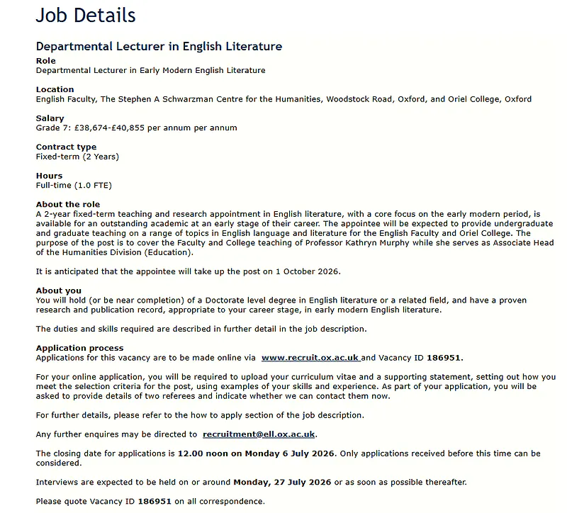University of Oxford Recruitment 2026 | Departmental Lecturer in Early Modern English Literature