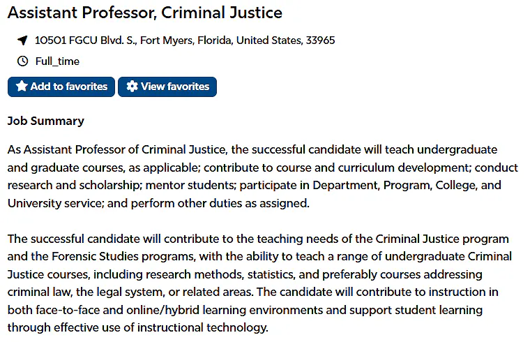 Assistant Professor of Criminal Justice – Florida Gulf Coast University